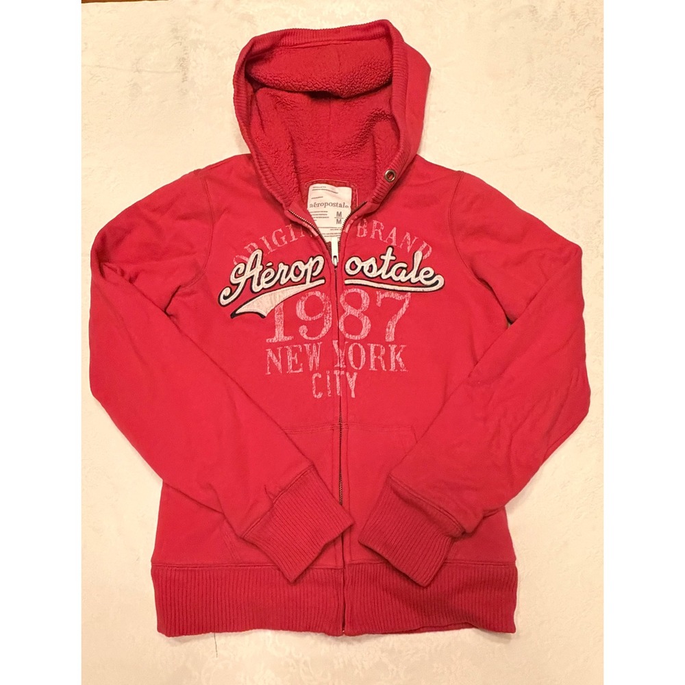 Aeropostale Womens Red Sherpa Lined Full Zip Hoodie Graphic Sweatshirt Size M